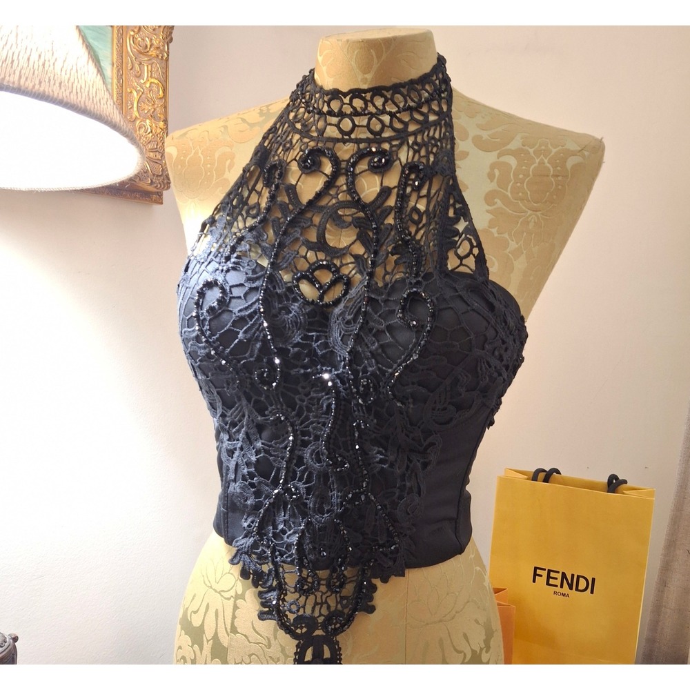 WhimsyGoth Festival Lydia USA Black Beaded Lace Halter Corset Bustier Top Small